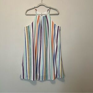 Rainbow Striped Halter Midi Dress Pleated Neck‎ She & Sky S